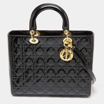 Pre Owned Dior Black Cannage Patent Leather Large Lady Dior Tote