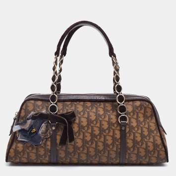 Pre Owned Dior Beige/Brown Oblique Coated Canvas,Velvet and Leather Trotter Romantique Satchel