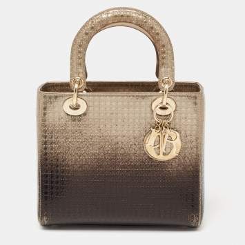 Pre Owned Dior Ombre Gold Microcannage Patent Leather Medium Lady Dior Tote 