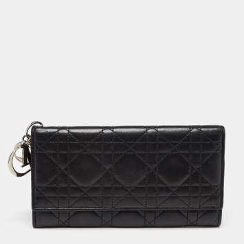 Pre Owned Dior Black Cannage Leather Lady Dior Continental Wallet 