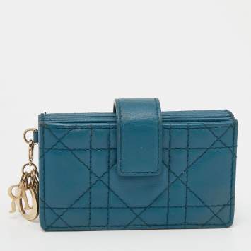 Pre Owned Dior Teal Blue Cannage Leather Lady Dior 5 Gusset Card Holder