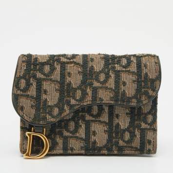 Pre Owned Dior Green/Beige Oblique Canvas Saddle Wallet