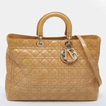 Pre Owned Dior Beige Cannage Patent Leather Extra Large Lady Dior Tote
