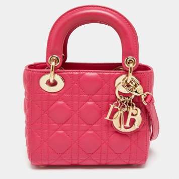 Pre Owned Dior Fuchsia Cannage Leather Mini Lady Dior Tote