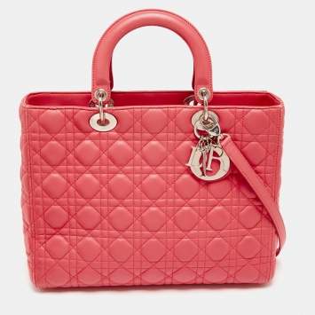 Pre Owned Dior Coral Pink Cannage Leather Large Lady Dior Tote
