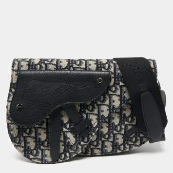 Pre Owned Dior Navy Blue/Black Oblique Canvas and Leather Saddle Pouch Bag