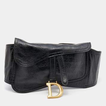 Pre Owned Dior Black Crinkled Leather Saddle Waist Belt Bag