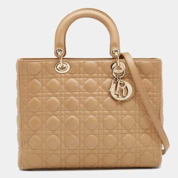 Pre Owned Dior Beige Cannage Leather Large Lady Dior Tote