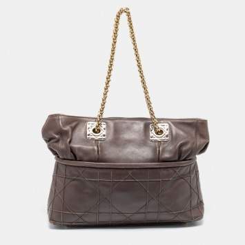 Pre Owned Dior Dark Beige Cannage Leather Granville Chain Link Tote
