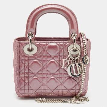 Pre Owned Dior Metallic Pink Cannage Suede Mini Lady Dior Chain Tote