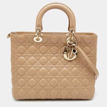 Pre Owned Dior Beige Cannage Leather Large Lady Dior Tote