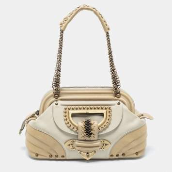 Pre Owned Dior Cream/Beige Nubuck and Leather Jeanne Frame Satchel