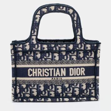 Pre Owned Dior Blue Oblique Embroidery Canvas Mini Book Tote