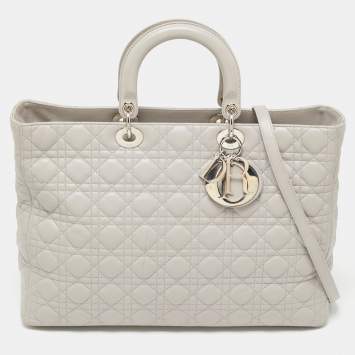 Pre Owned Dior Light Grey Cannage Leather XL Soft Lady Dior Tote