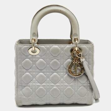 Pre Owned Dior Grey Cannage Leather Medium Lady Dior Tote