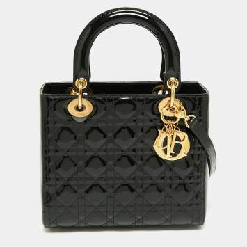 Pre Owned Dior Black Cannage Patent Leather Medium Lady Dior Tote