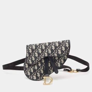Pre Owned Dior Blue Oblique Canvas and Leather Saddle Belt Bag