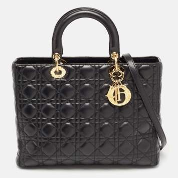 Pre Owned Dior Black Cannage Leather Large Lady Dior Tote