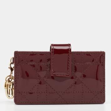 Pre Owned Dior Burgundy Cannage Patent Leather Lady Dior 5 Gusset Card Holder