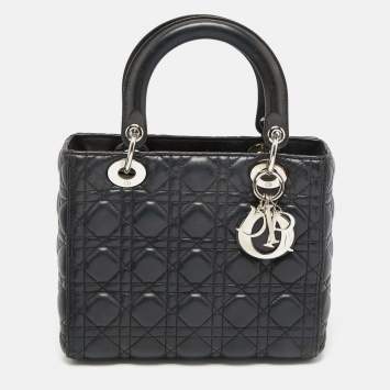 Pre Owned Dior Black Cannage Leather Medium Lady Dior Tote