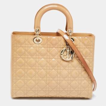 Pre Owned Dior Beige Cannage Patent Leather Large Lady Dior Tote