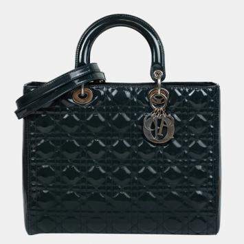 Pre Owned Dior Green Patent Leather Lady Dior Large Shoulder Bag 