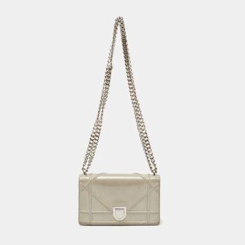 Pre Owned Dior Grey Shimmer Suede Diorama Wallet on Chain