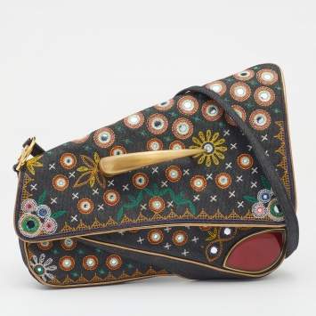 Pre Owned Dior Multicolor Embroidered Denim And Leather Saddle Bag