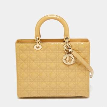 Pre Owned Dior Beige Cannage Patent Leather Large Lady Dior Tote