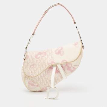 Pre Owned Dior Dark Pink/White Printed Canvas and Patent Leather Saddle Bag