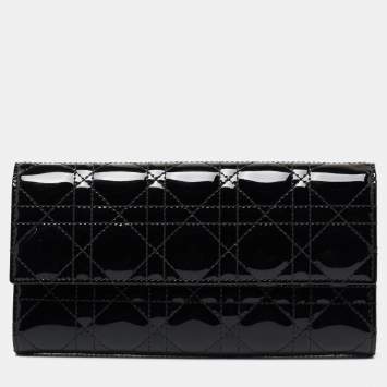 Pre Owned Dior Black Cannage Patent Leather Lady Dior Wallet on Chain