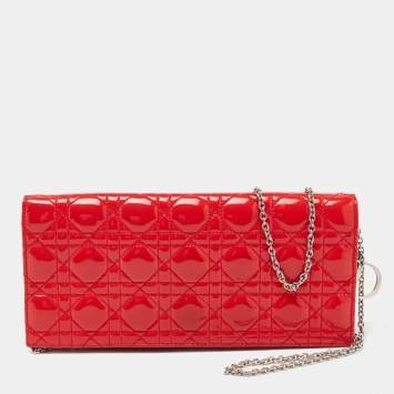 Pre Owned Dior Coral Red Quilted Cannage Patent Leather Lady Dior Chain Clutch