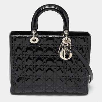 Pre Owned Dior Black Cannage Patent Leather Large Lady Dior Tote