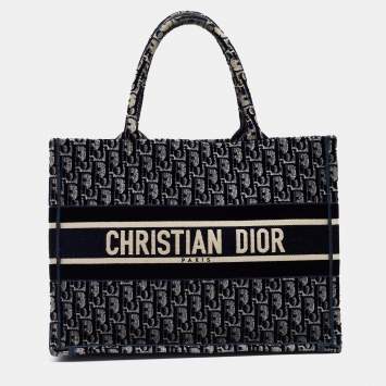 Pre Owned Dior Navy Blue Oblique Embroidered Velvet Medium Book Tote