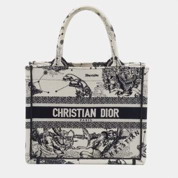 Pre Owned Dior White/Black Canvas Zodiac Embroidery Hercules Small Book Tote