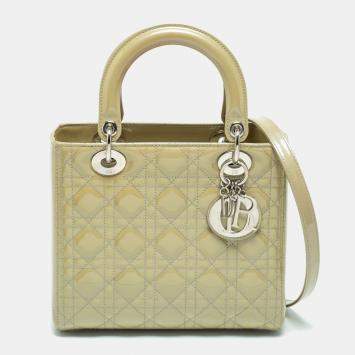 Pre Owned Dior Olive Green Cannage Patent Leather Medium Lady Dior Tote