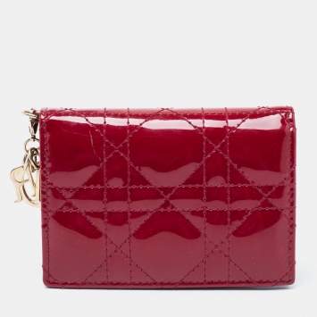 Pre Owned Dior Maroon Cannage Patent Leather Lady Dior Card Holder