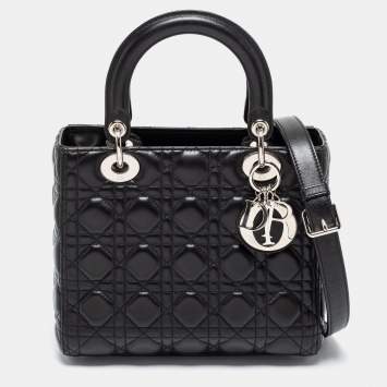 Pre Owned Dior Black Cannage Leather Medium Lady Dior Tote 