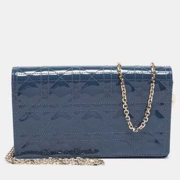 Pre Owned Dior Blue Cannage Patent Leather Lady Dior Wallet On Chain