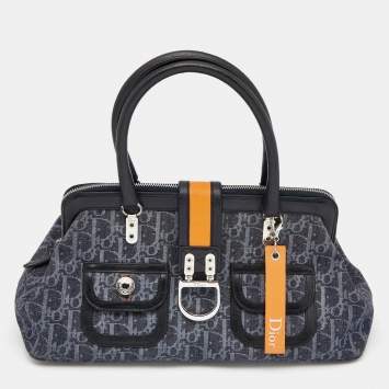 Pre Owned Dior Navy Blue Oblique Denim and Leather Flight Frame Satchel