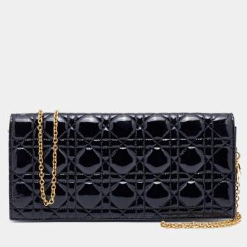 Pre Owned Dior Black Cannage Patent Leather Lady Dior Chain Clutch