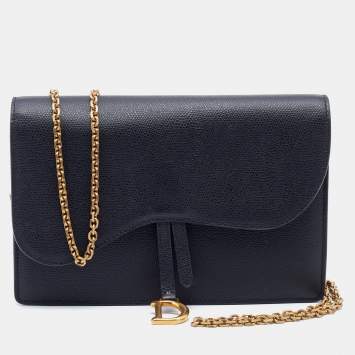 Pre Owned Dior Black Grained Leather Saddle Chain Pouch