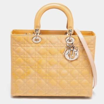 Pre Owned Dior Yellow/Pink Cannage Patent Leather Large Lady Dior Tote