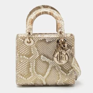 Pre Owned Dior Metallic Gold Python Small Lady Dior Tote
