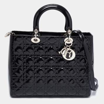 Pre Owned Dior Black Cannage Patent Leather Large Lady Dior Tote