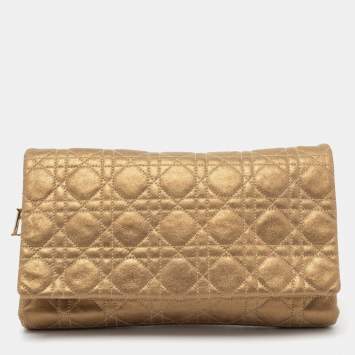 Pre Owned Dior Metallic Gold Cannage Leather Lady Dior Flap Clutch