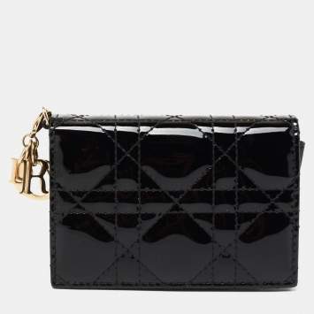 Pre Owned Dior Black Cannage Patent Leather Lady Dior Card Holder