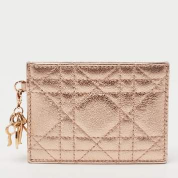 Pre Owned Dior Metallic Rose Gold Cannage Leather Lady Dior Card Holder
