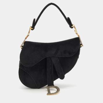 Pre Owned Dior Blue Velvet Crystal Embellished Logo Mini Saddle Bag