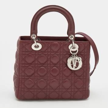Pre Owned Dior Burgundy Cannage Leather Medium Lady Dior Tote